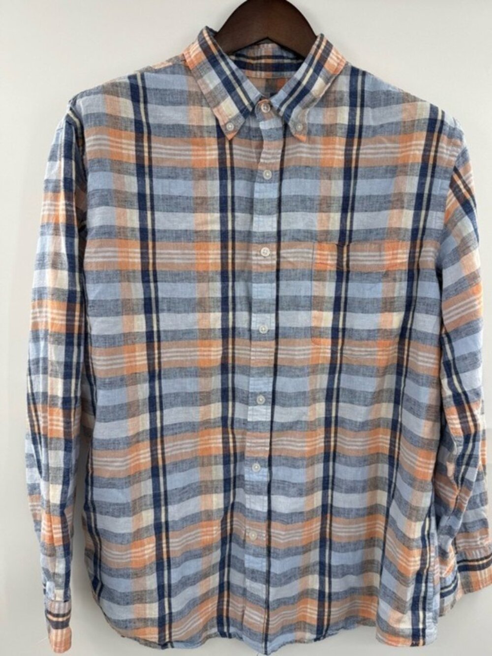 Club Room Linen Cotton Plaid Button Down Shirt Men’s XL Blue Orange Lightweight